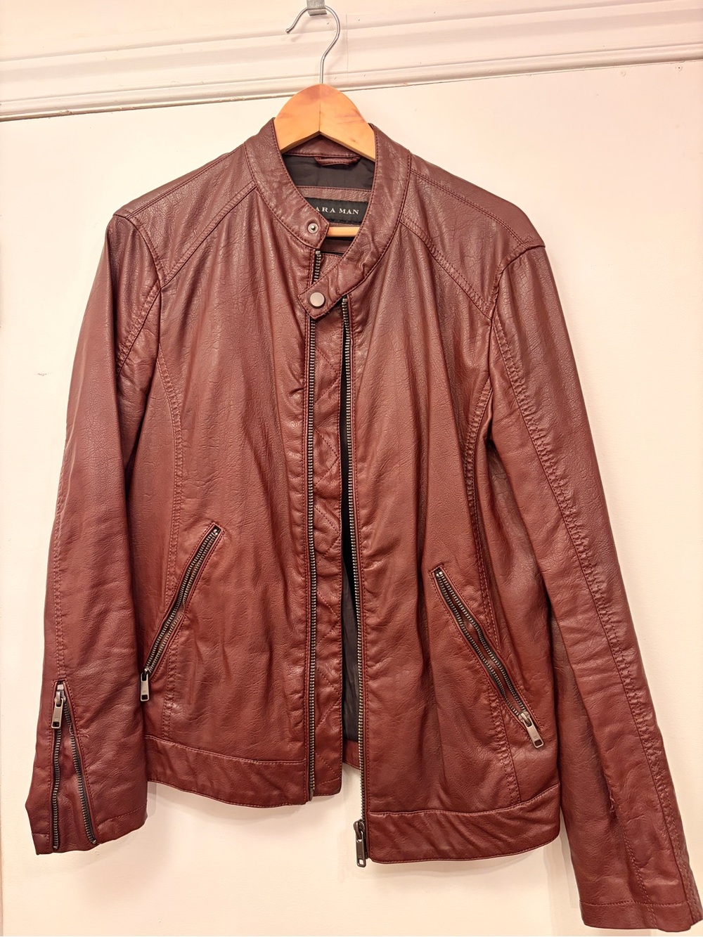 Zara Men's Rust Brown Faux-Leather Bomber Jacket